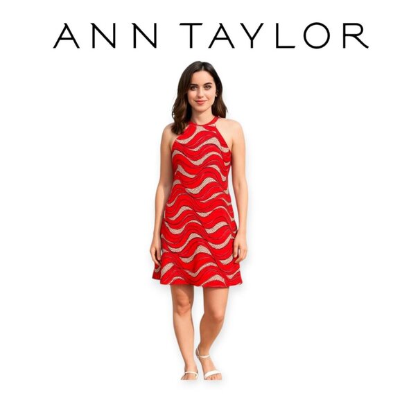 Ann Taylor sleeveless red cream retro wave halterneck mod dress size 2 EUC - Picture 1 of 14